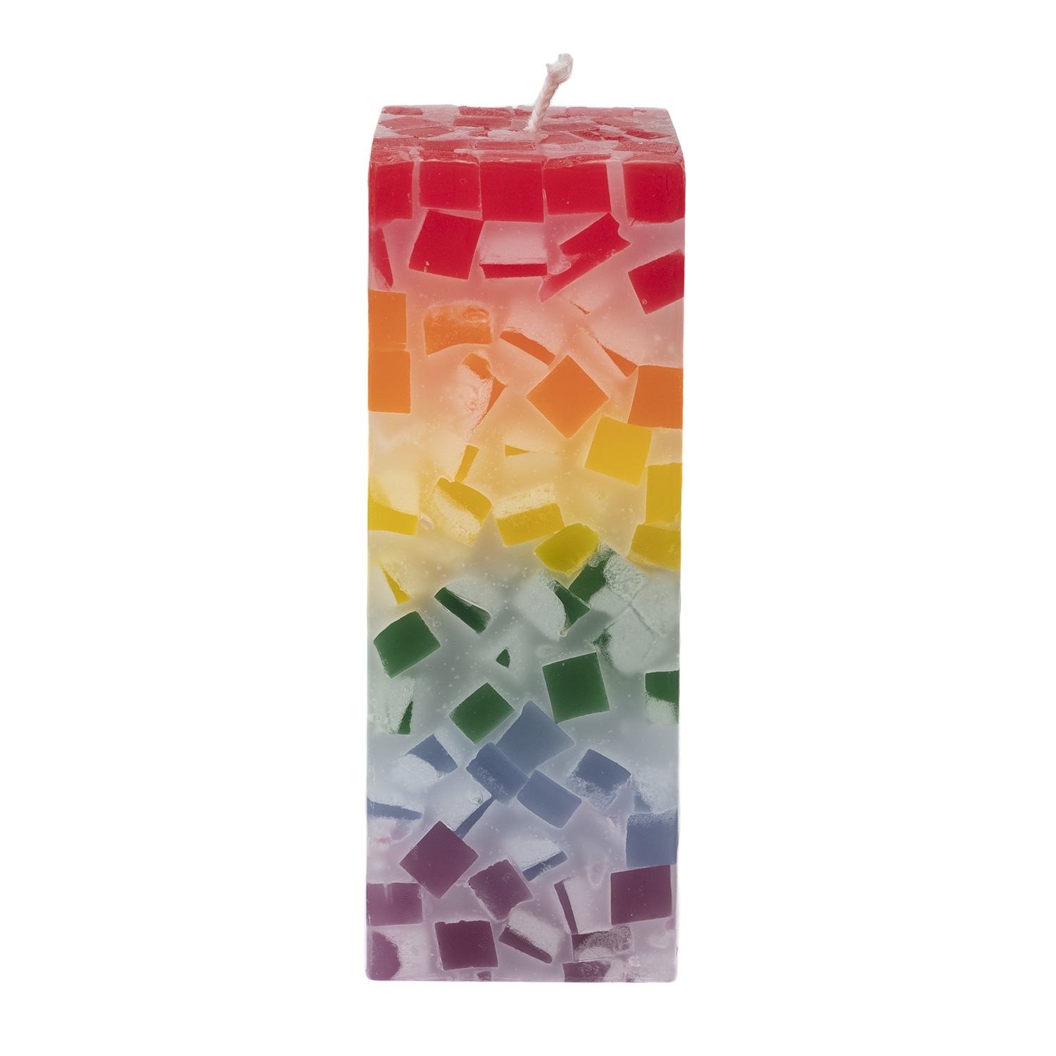 Eckige regenbogenfarbene Stumpenkerze mit Mosaikmuster