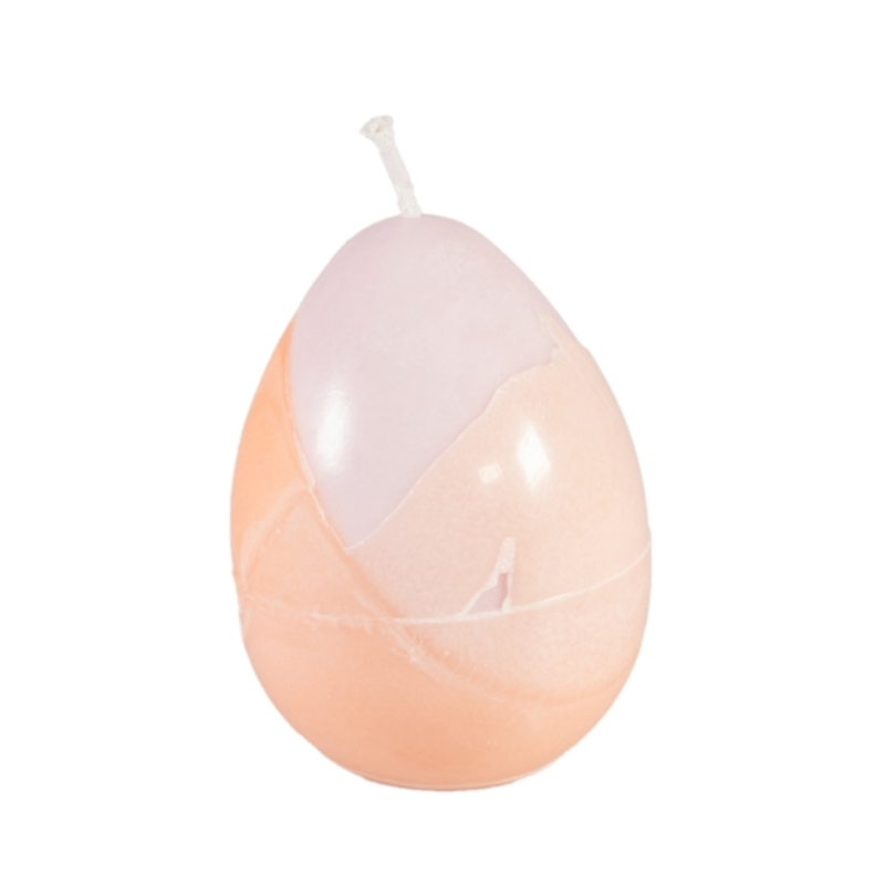 Kerze in Form eines Eis. Die obere Hälfte ist weiß, die untere Hälfte ist orange. Die Teilung des verschiedenfarbigen Wachses ist schräg durch die Mitte.